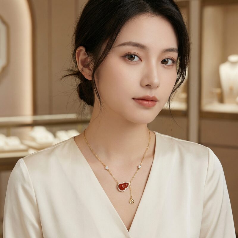 925 Sterling Silver Elegant Red Carnelian Hulu Pendant Necklace with Shimmering Accents and Coin Cha