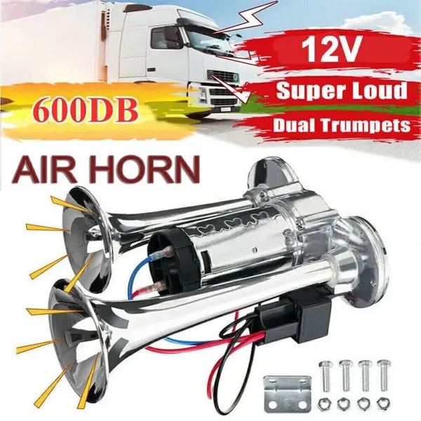 600dB Train Air Horn, Dual Trumpet Loud Fanfare Horn For Car, Truck, Boat, 12V