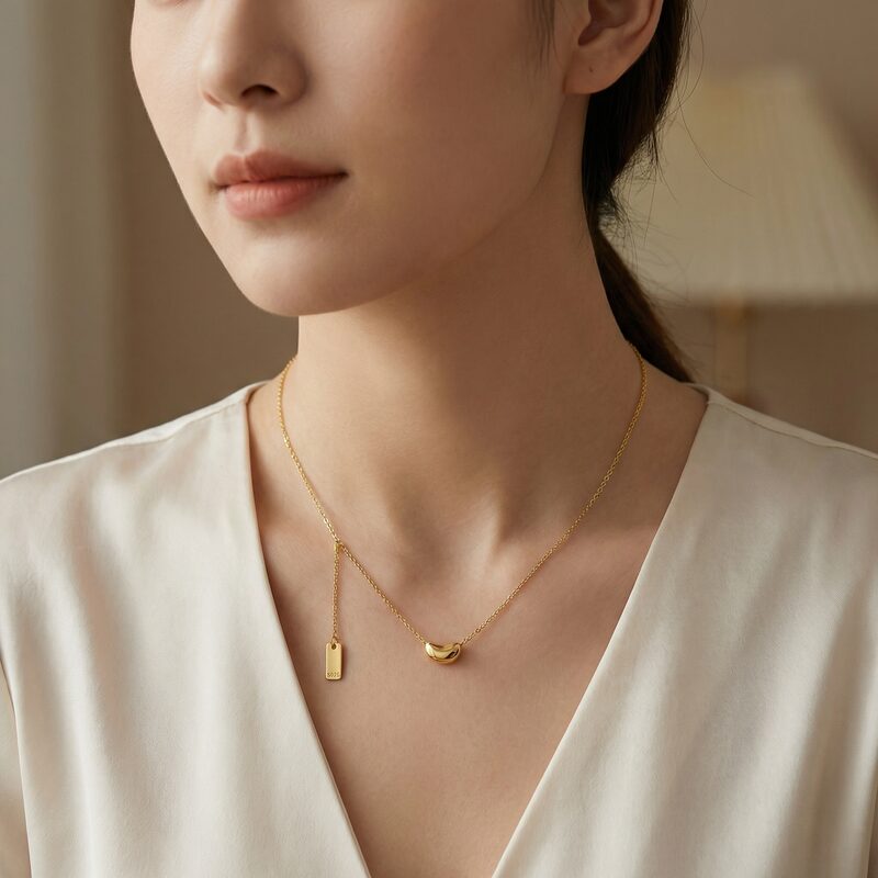925 Sterling Silver Minimalist Sterling Silver Bean Pendant Necklace with Dainty Chain and S925 Hall