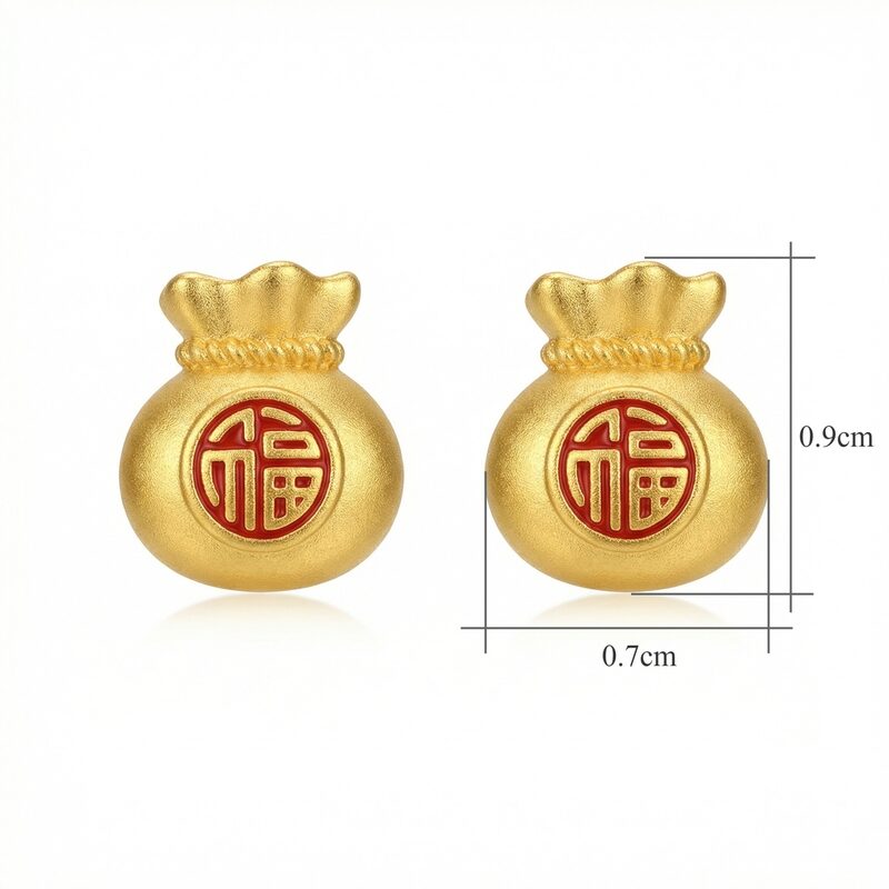 925 Sterling Silver Prosperity Money Bag Studs with Red Fu Character Blessing