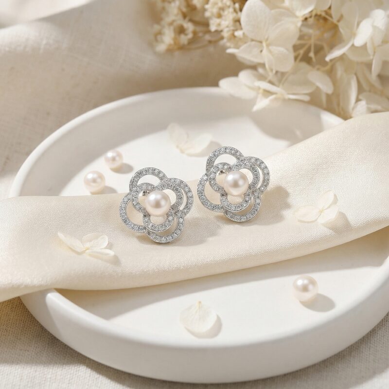 925 Sterling Silver Exquisite Pearl and Pave-Set Crystal Floral Stud Earrings in Silver