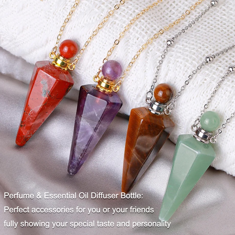 Natural Crystal Stone Hexagonal Cone Perfume Bottle Necklace