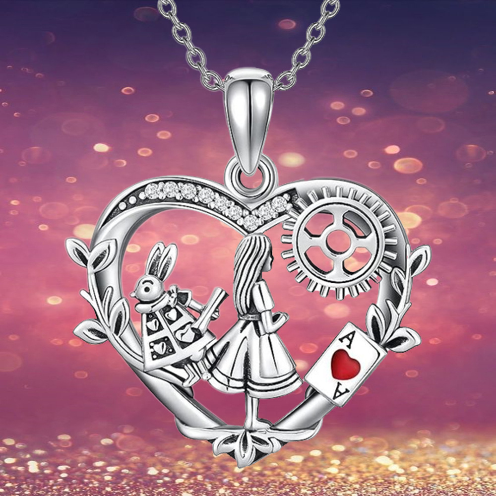 Retro Gear Rabbit Girl Red Heart Playing Card Heart-shaped Cartoon Necklace A Trendy Gift For Girls