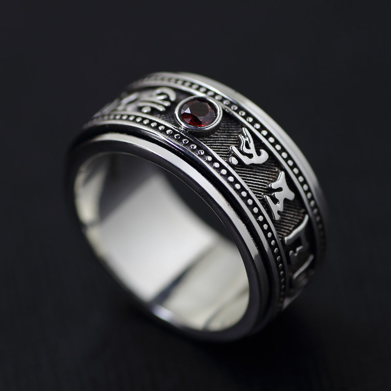 Six-Character Mantra Garnet Trendy Ring For Men