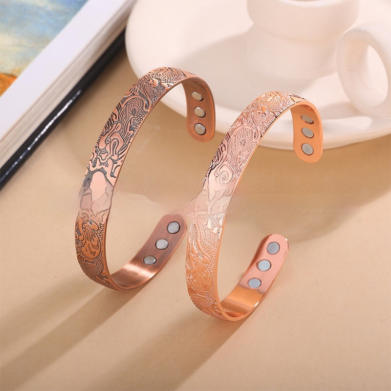 Dragon And Phoenix Pattern Vintage Solid Copper Magnetic Open-End Adjustable Bracelet For Men And Wo