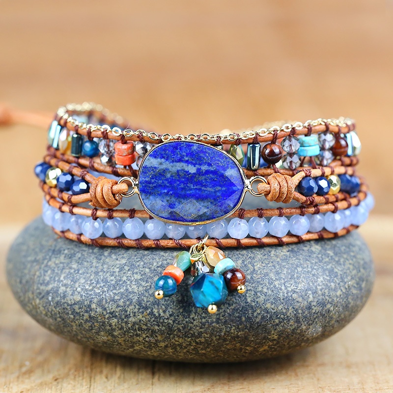 Lapis Lazuli Bezel-Set Hand-Knitted Multi-Layer Wax Cord Bracelet