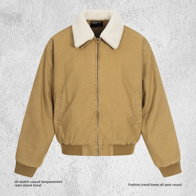Contrasting Color Fleece-Lined Jacket With Fur Collar Men's Loose Fit