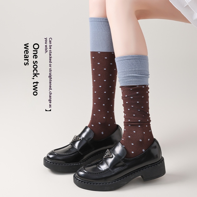 Korean-style Polka-dot Contrast-color Womens Calf Sweet And Versatile Knee-high Puff Socks Made Of C