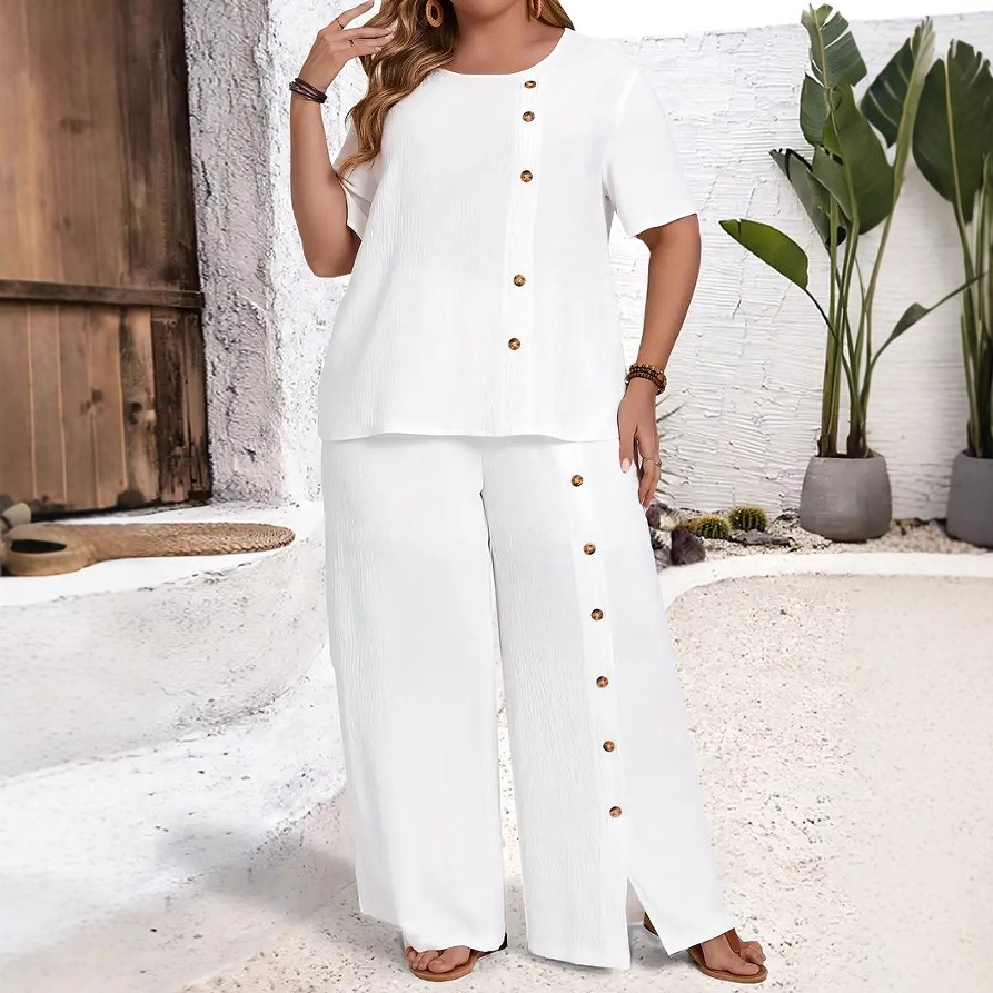 Solid-color Button-up Casual Loose-fit Set