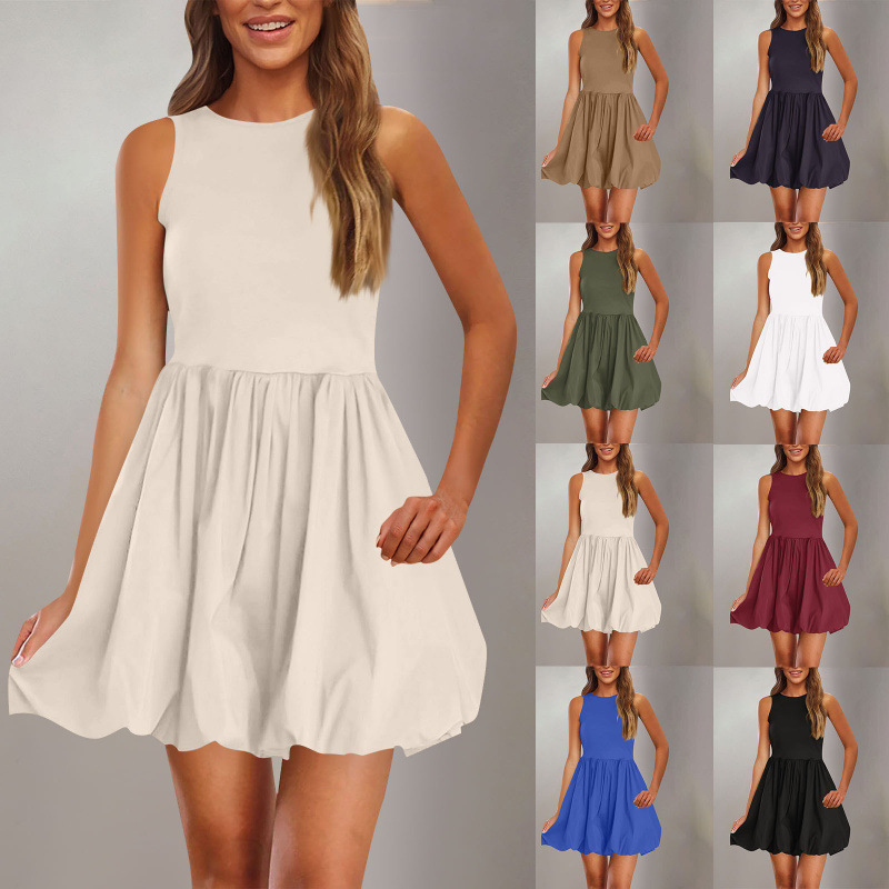 Round-neck Puffy Skirt Solid-color Ruffled Hem Zip-detail Sleeveless Dress