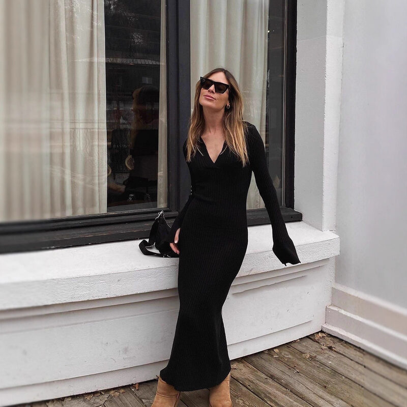 Women's Knitted Long-Sleeve Dress Deep V-Neck Sweater For Export