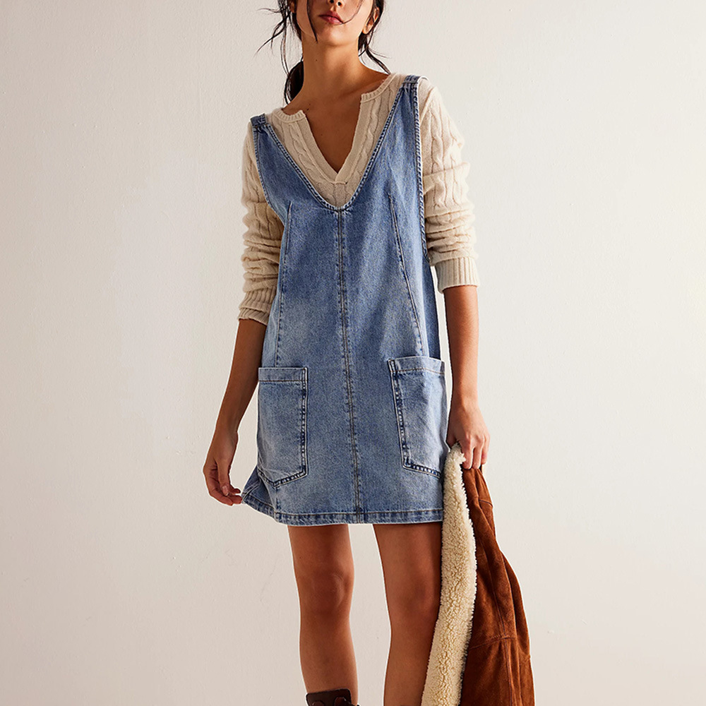 Denim Suspender Pocket Adjustable Mini Dress In Multiple Colors