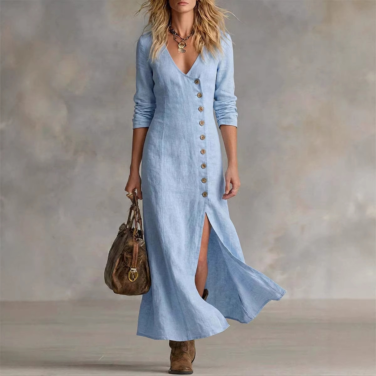 Fashionable Casual Cotton-Linen Long-Sleeve Womens Dress